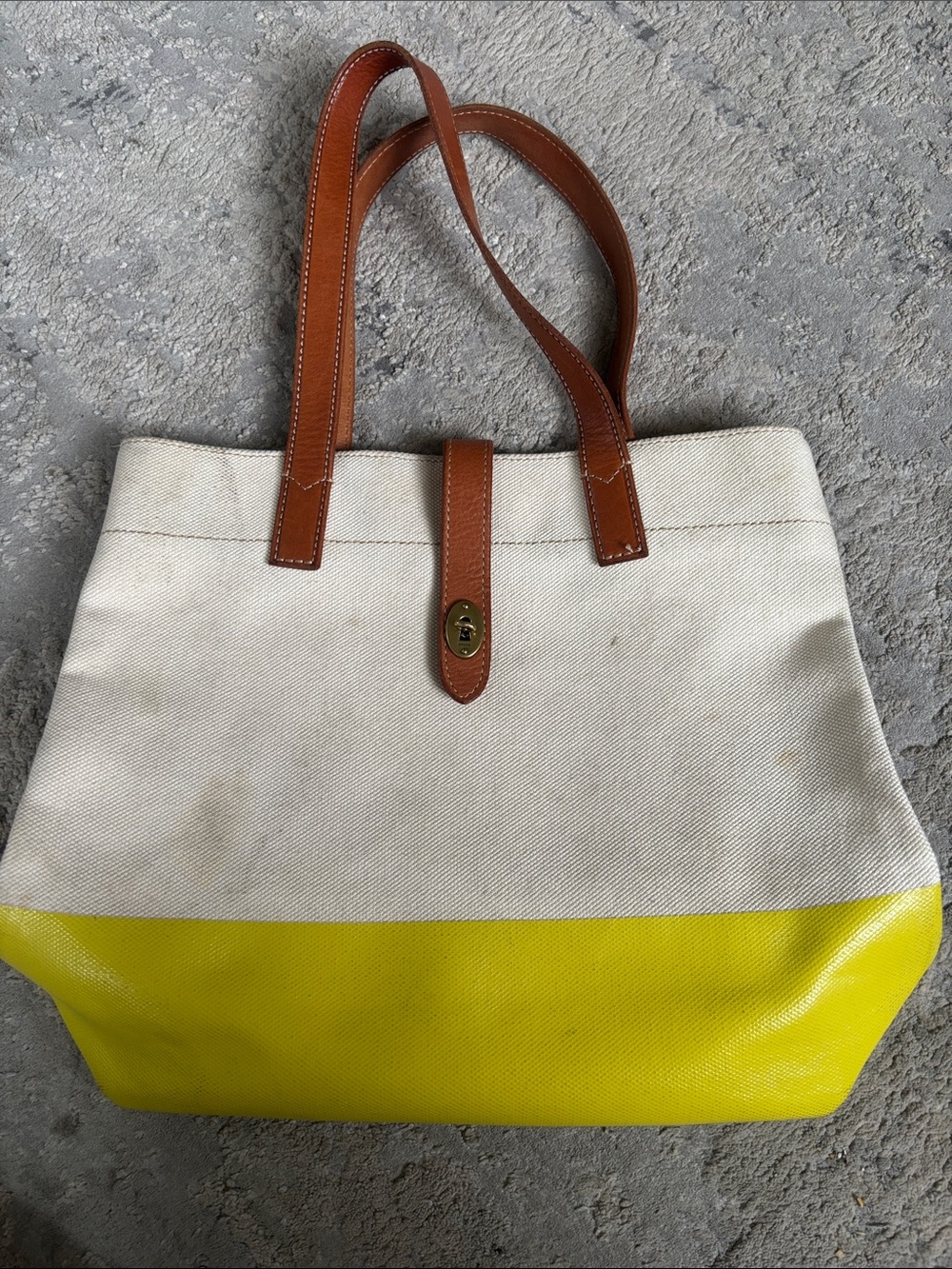 Fossil Canvas Tote in White, Yellow & Brown Leather